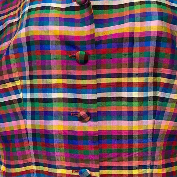 Lucia Lukken VTG Broomskirts Raw Silk Rainbow Pride Tartan Plaid Holiday Top 6 - Picture 3 of 7